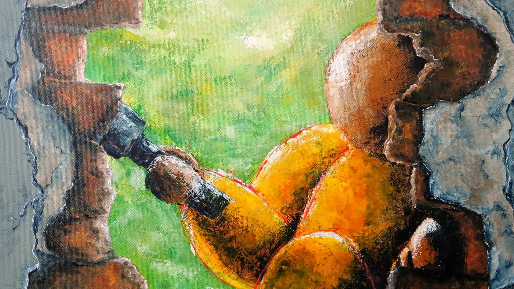 Peinture Les filles bien vont au paradis par Sibyle SIBILLE, femme jaune cassant un mur de briques au marteau vers la nature verte